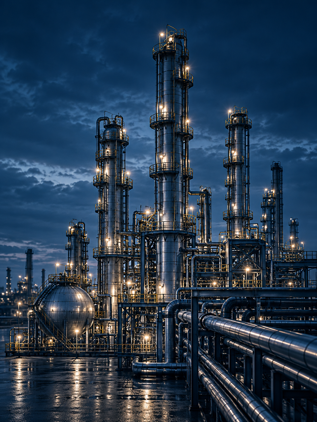 Industrial chemical processing towers at dusk