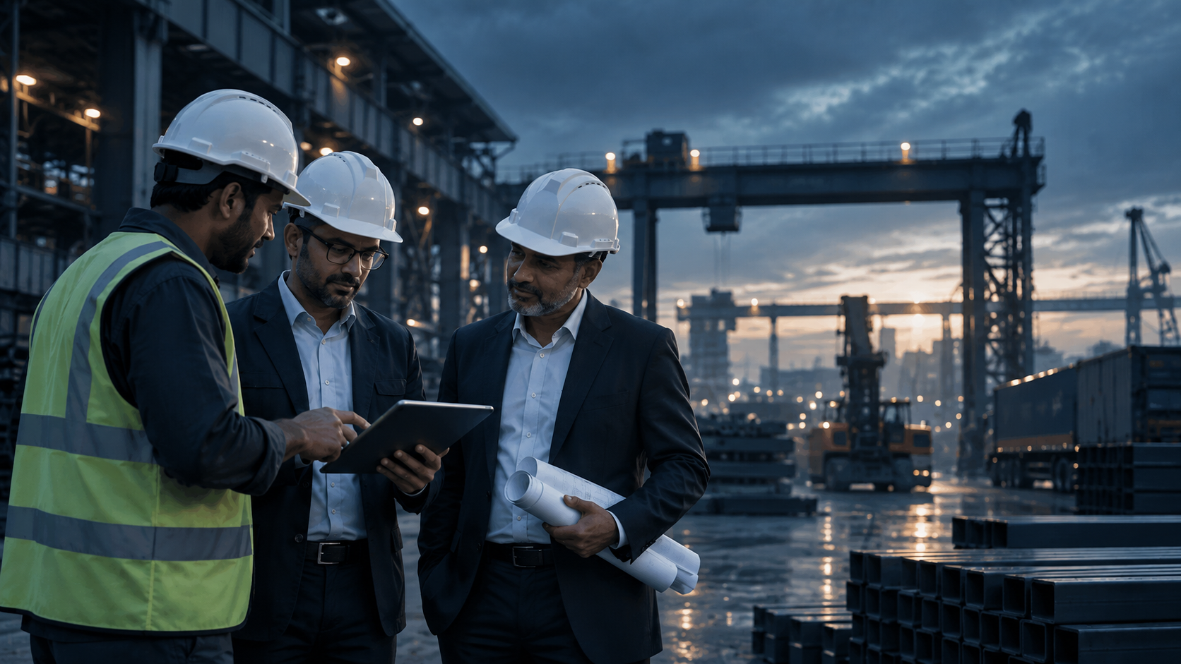 Industrial professionals collaborating at a manufacturing facility