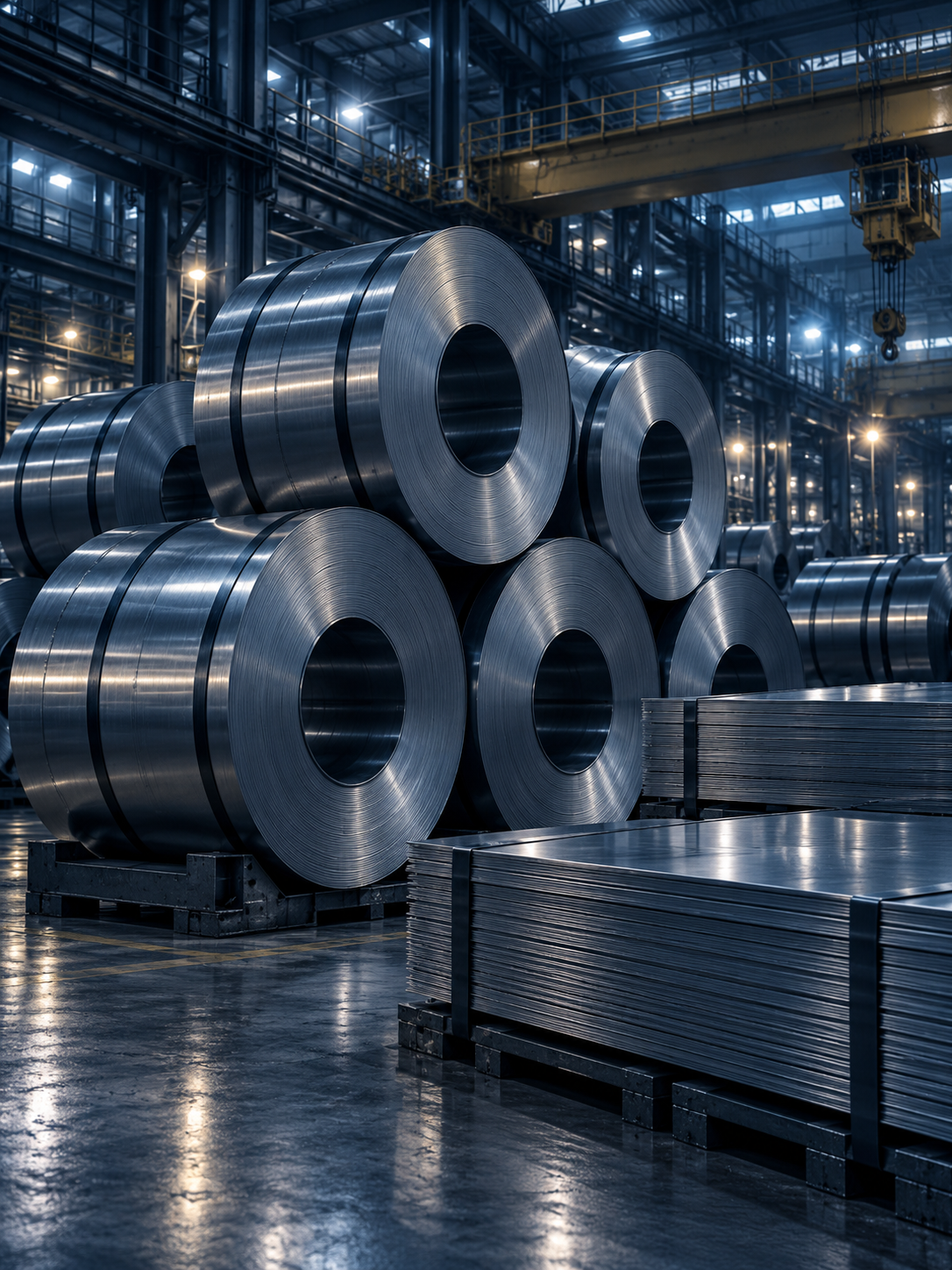 Steel coils and sheets in an industrial warehouse